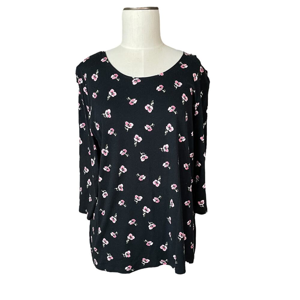 J. Jill Mixed Media Top Black Pink Floral 3/4 Sleeve Split Back Women's Large